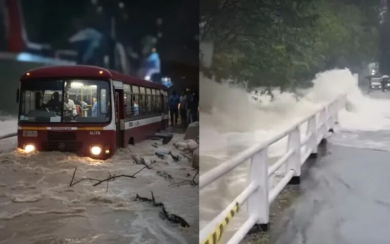 කලා වැවේ පාලම මත සිරවී තිබෙන බස් රථය ජලයෙන් පිරෙයි